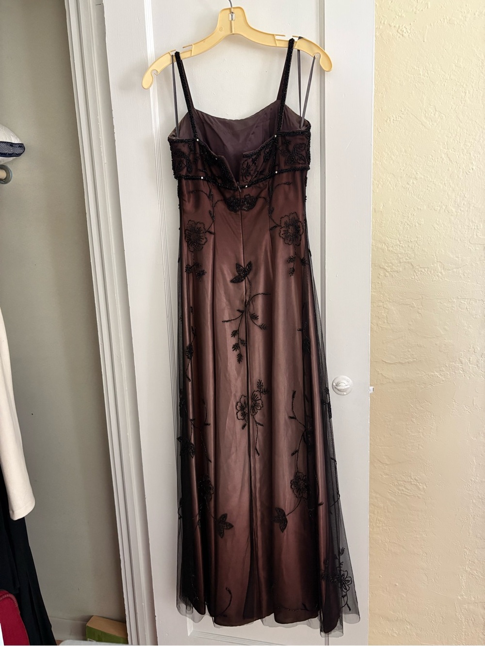 Cache Brown Maxi Slip Dress with Black Floral Embroidery